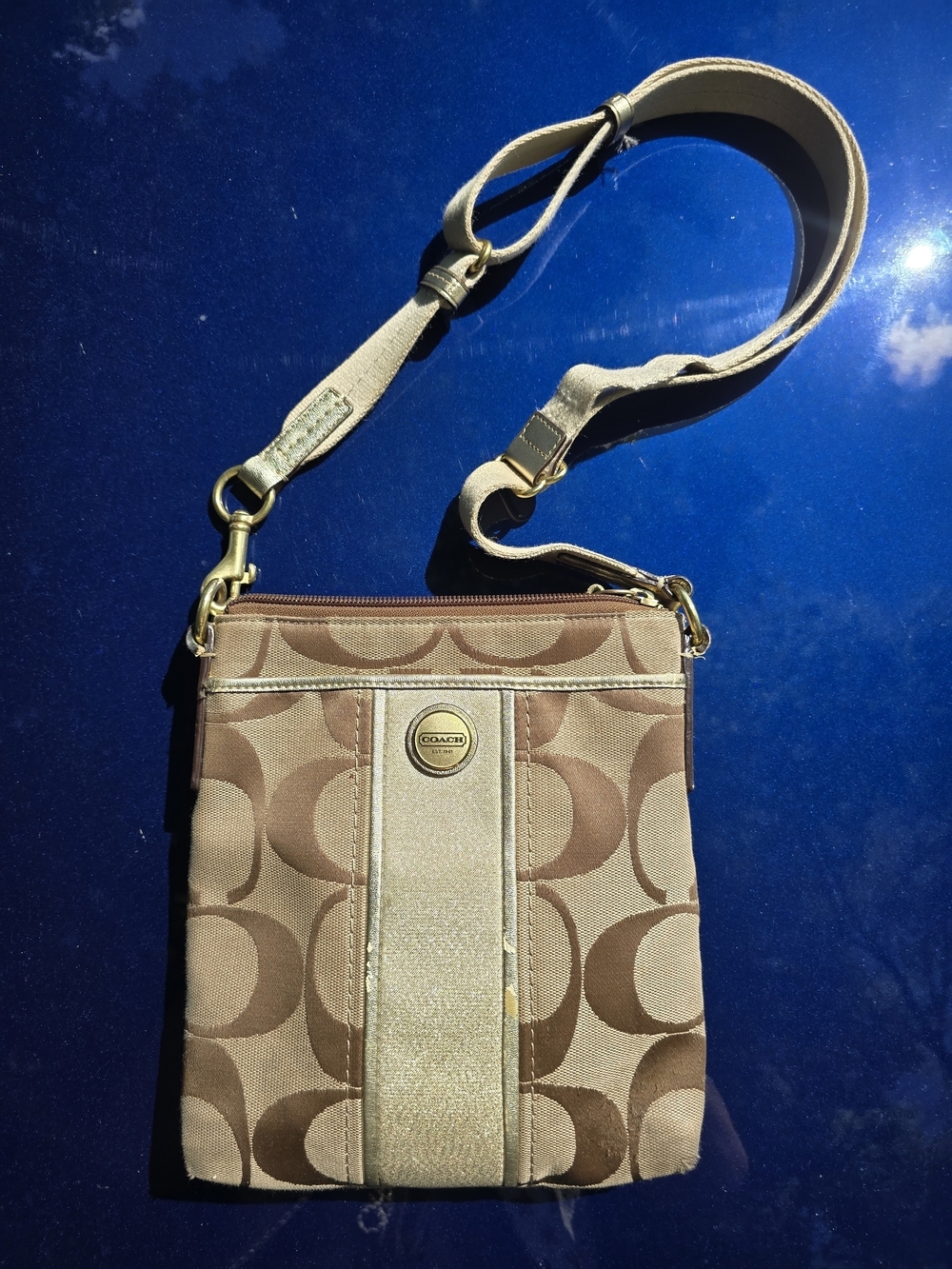Coach Beige/Tan Signature Crossbody Bag with Adjustable Strap
